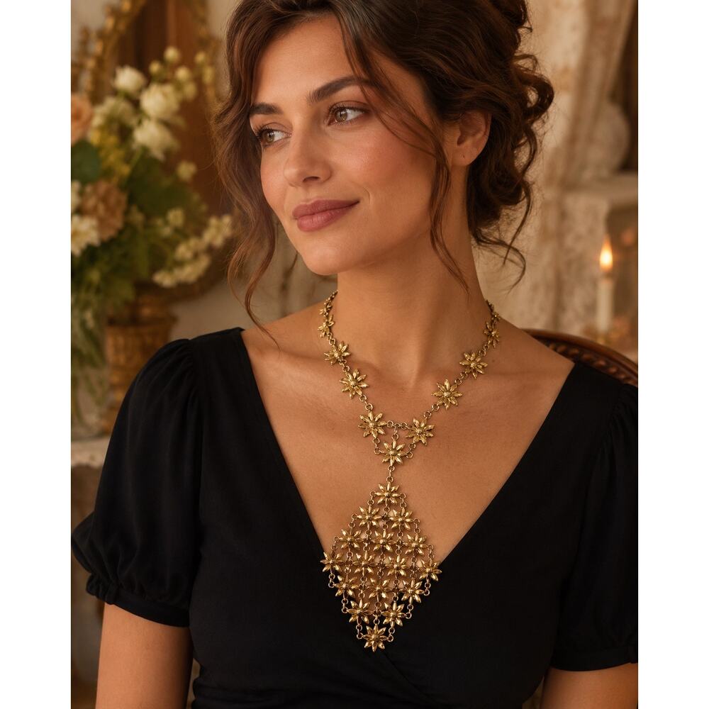 Vintage D’Orlan Gold Tone Floral Bib Necklace, circa late 1970s–1980s